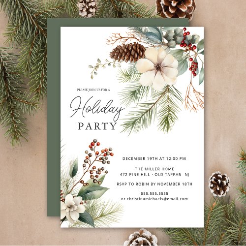 Winter Botanical Pine Branch Holiday Party Invitation