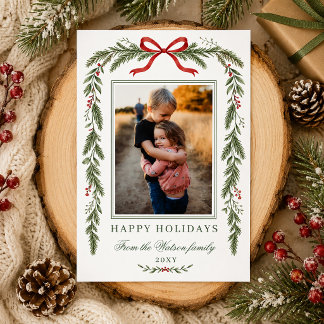 Winter Botanical Red Bow Christmas 4 Photo  Holiday Card