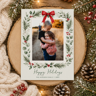 Winter Botanical Red Bow Christmas 4 Photo   Holiday Card