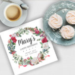 Winter Botanical Rose 100th Birthday Elegant Napkins<br><div class="desc">Soft red roses and holly and berries create a beautifully rustic floral wreath. Eucalyptus leaves and other red flowers add to the winter botanical vibe. The birthday woman's name is written in a large script font. 100th Birthday and the thank you sentiment follow. This napkin is part of the 100th...</div>
