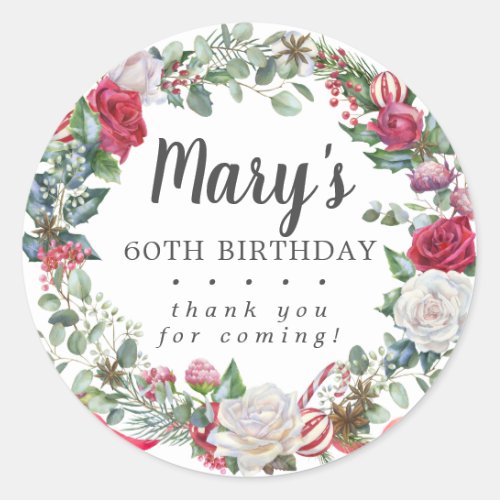 Winter Botanical Rose 60th Birthday Thank You Classic Round Sticker