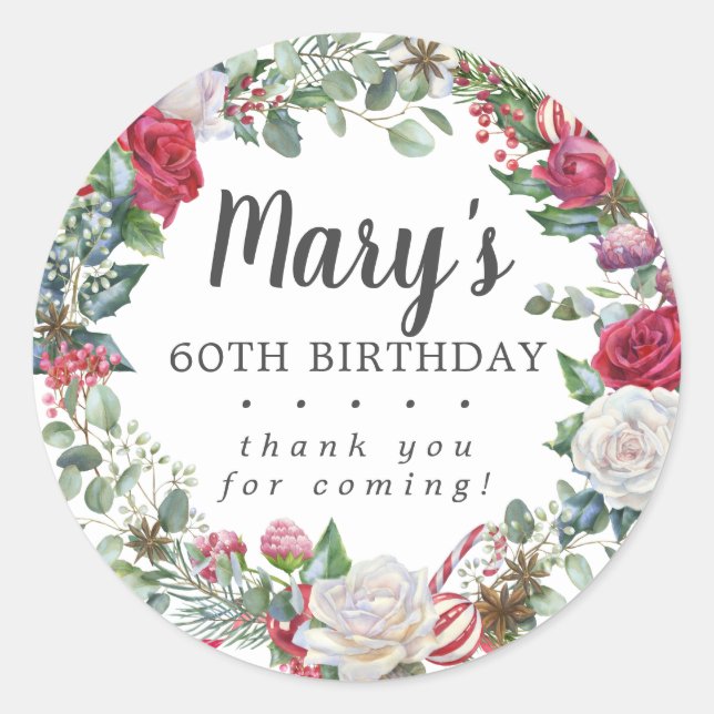 Winter Botanical Rose 60th Birthday Thank You Classic Round Sticker (Front)