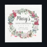 Winter Botanical Rose 80th Birthday Elegant Napkins<br><div class="desc">Soft red roses and holly and berries create a beautifully rustic floral wreath. Eucalyptus leaves and other red flowers add to the winter botanical vibe. The birthday woman's name is written in a large script font. 80th Birthday and the thank you sentiment follow. This napkin is part of the 80th...</div>