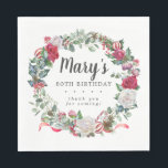 Winter Botanical Rose 80th Birthday Elegant Napkins<br><div class="desc">Soft red roses and holly and berries create a beautifully rustic floral wreath. Eucalyptus leaves and other red flowers add to the winter botanical vibe. The birthday woman's name is written in a large script font. 80th Birthday and the thank you sentiment follow. This napkin is part of the 80th...</div>