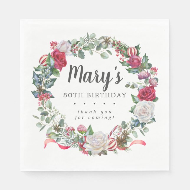 Winter Botanical Rose 80th Birthday Elegant Napkins (Front)