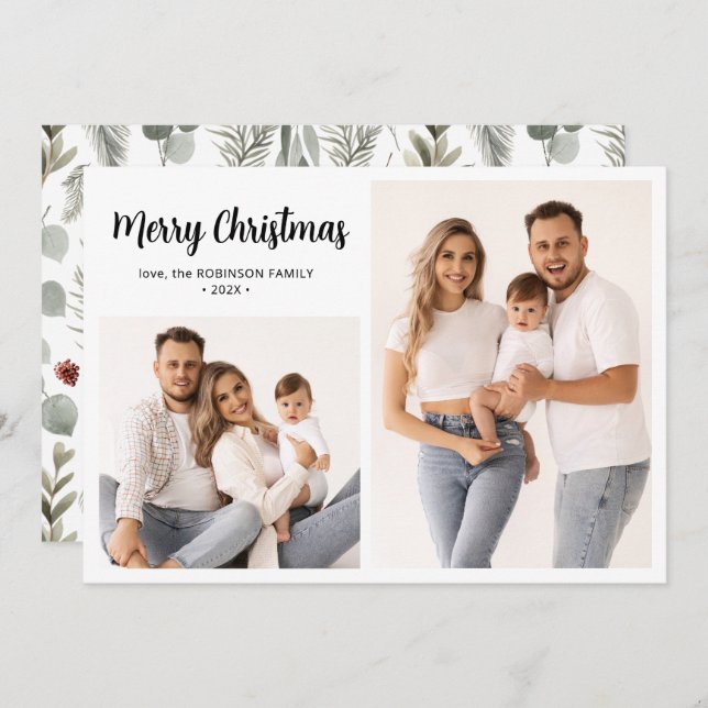 Winter Botanical Script 2 Photo Collage Christmas Holiday Card (Front/Back)