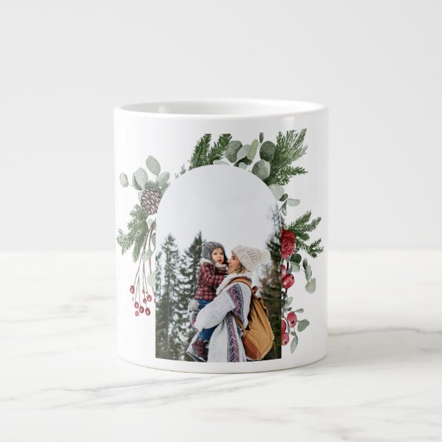 Winter Botanical Three Photo and Name Christmas Giant Coffee Mug (Front)