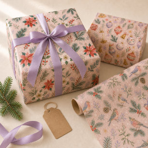 Winter Botanical Vintage Ornaments Woodland Birds Wrapping Paper Sheets