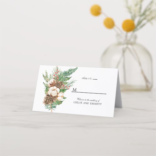 Winter Botanical White Floral Wedding Folded Place Card