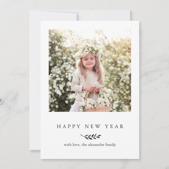 Winter Botanical with Stripes Happy New Year Photo Holiday Card (Front)