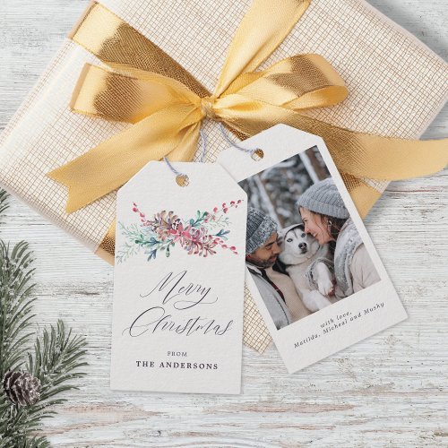 Winter Botanicals Beige Photo Merry Christmas Gift Tags