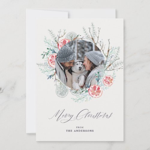 Winter Botanicals Beige Photo Merry Christmas Holiday Card