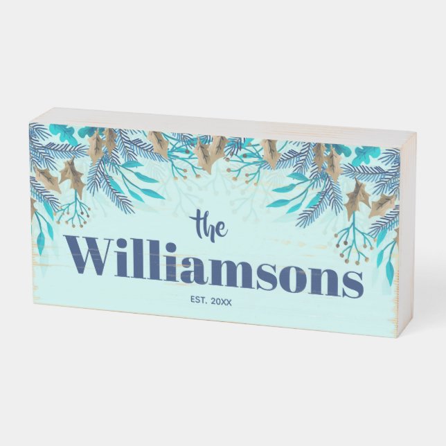 Winter Botanicals Blue Family Name Established Wooden Box Sign (Angled Horizontal)