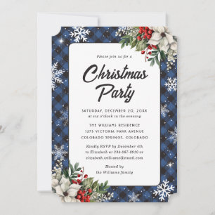 Winter Botanicals Blue Plaid Christmas Party Invitation