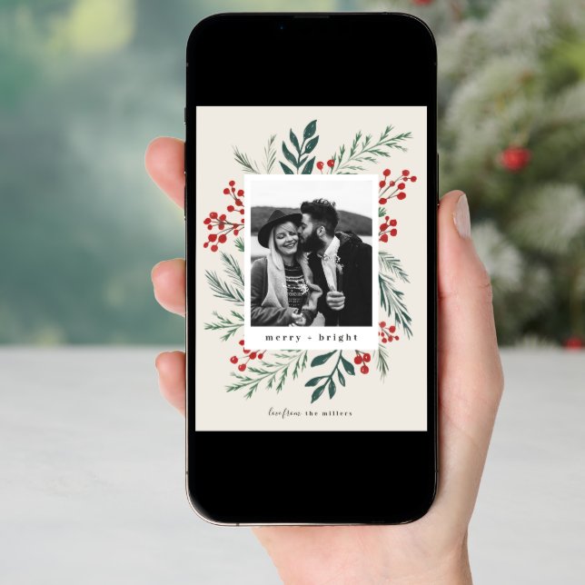 Winter Botanicals Christmas Photo Beige Holiday Card (Front Digital)