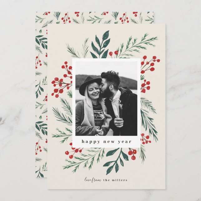 Winter Botanicals Christmas Photo Beige New Year Holiday Card (Front/Back)