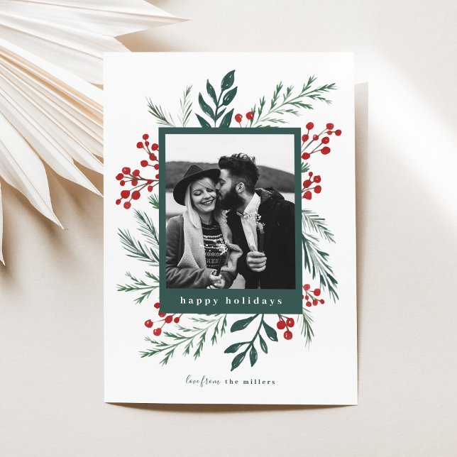 Winter Botanicals Christmas Photo Green Happy Holiday Card (Creator Uploaded)