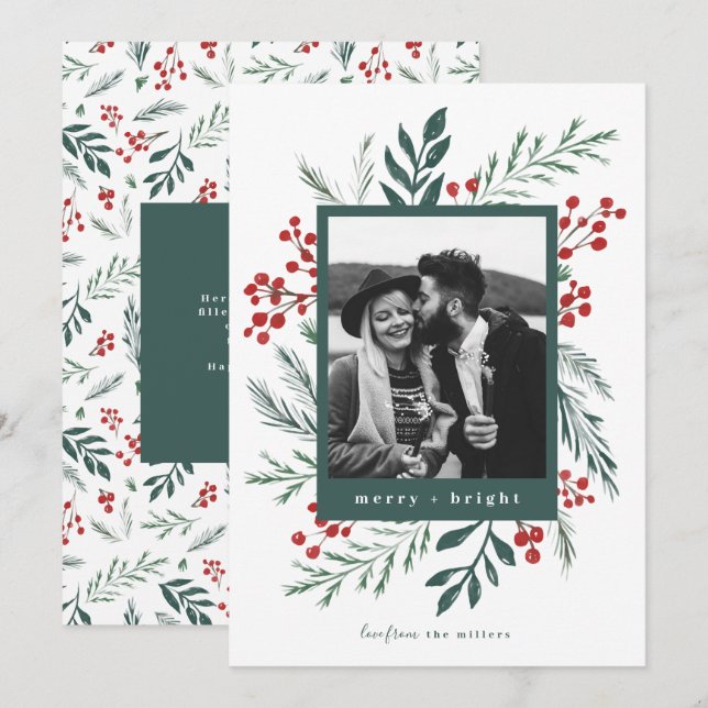 Winter Botanicals Christmas Photo Green Holiday Card (Front/Back)