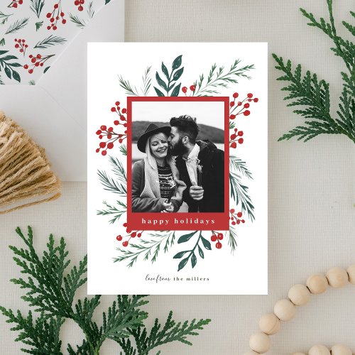 Winter Botanicals Christmas Photo Red Happy Holiday Card