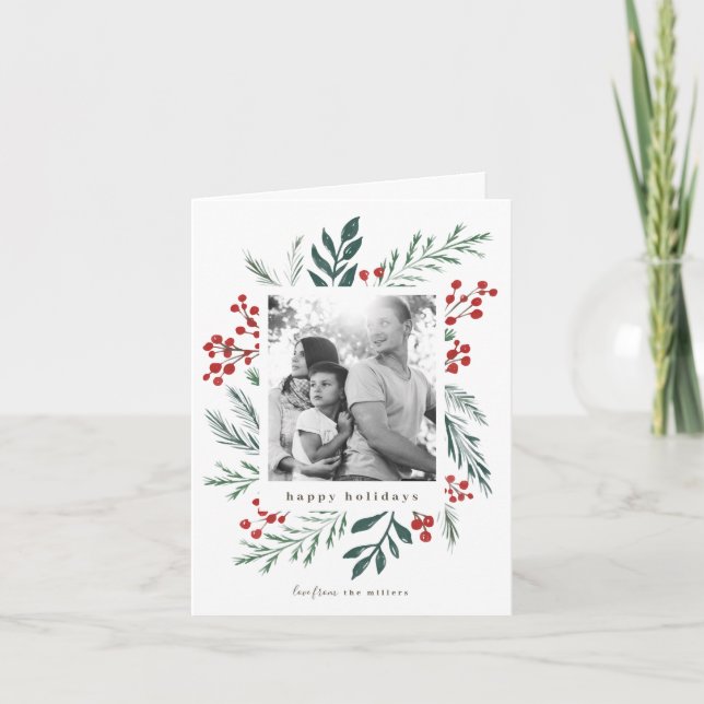 Winter Botanicals Elegant Holiday Christmas Photo Note Card (Front)