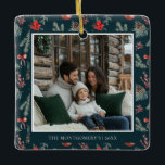 Winter Botanicals | Elegant Photo Christmas Ceramic Ornament<br><div class="desc">Celebrate the season with this personalized photo ornament featuring hand-painted winter botanicals, pine greenery, and delicate red coquette bows. The deep background and timeless detailing frame your favorite photo beautifully, creating a keepsake that captures your family’s holiday spirit. Perfect for gifting or adding a coordinated touch to your Christmas tree,...</div>