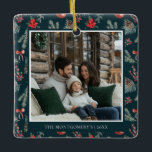 Winter Botanicals | Elegant Photo Christmas Ceramic Ornament<br><div class="desc">Celebrate the season with this personalized photo ornament featuring hand-painted winter botanicals, pine greenery, and delicate red coquette bows. The deep background and timeless detailing frame your favorite photo beautifully, creating a keepsake that captures your family’s holiday spirit. Perfect for gifting or adding a coordinated touch to your Christmas tree,...</div>