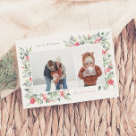 Winter Botanicals & Holly Merry Christmas 2 Photo Holiday Card<br><div class="desc">An elegant Christmas photo card design, featuring two custom photos: one landscape and one portrait, within a chic white frame. The frame is nestled inside the delicate watercolor foliage, creating a naturally organic layout. The foliage includes lush green leaves and bright red berries. There are red poinsettia flowers and pine...</div>