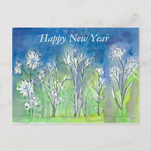Winter Botanicals Plant Drawing Happy New Year Holiday Postcard