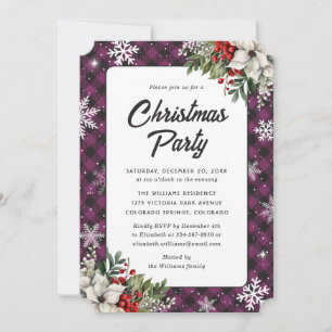 Winter Botanicals Purple Plaid Christmas Party Invitation