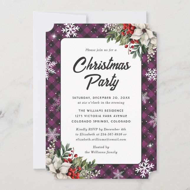 Winter Botanicals Purple Plaid Christmas Party Invitation (Front)