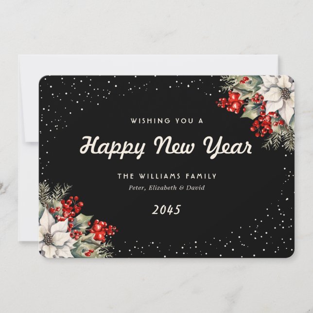 Winter Botanicals Snow Black New Year Card (Front)