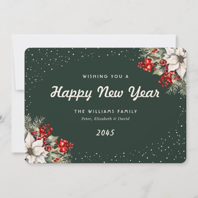 Winter Botanicals Snow Green New Year Card (Front)