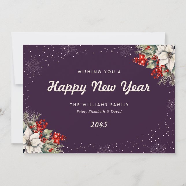Winter Botanicals Snowflakes Purple New Year Card (Front)