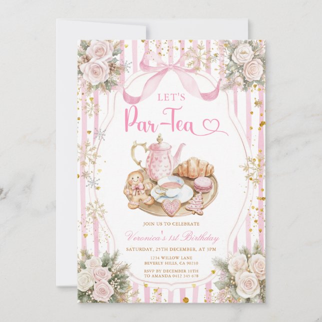 Winter Bow Let’s Par-tea Girl Birthday Snowflakes Invitation (Front)