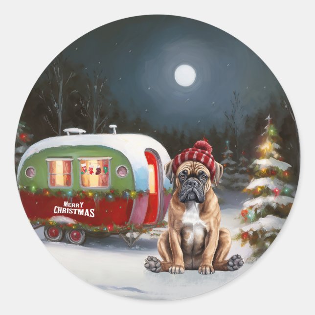 Winter Boxer Caravan Christmas Adventure Classic Round Sticker (Front)