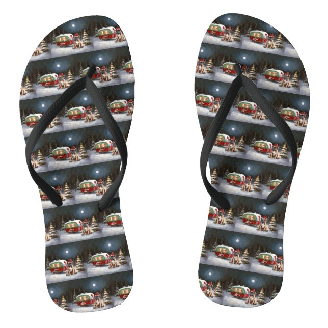Winter Boxer Caravan Christmas Adventure Flip Flops (Footbed)