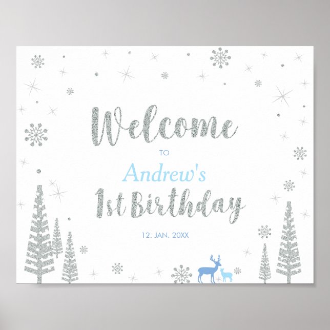 Winter Boy 1st Birthday Party Welcome Sign Poster (Front)