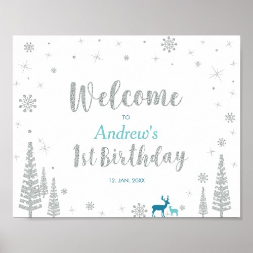 Winter Boy 1st Birthday Party Welcome Sign Poster