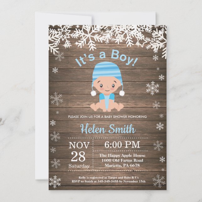 Winter Boy Baby Shower Snowflake Invitation (Front)