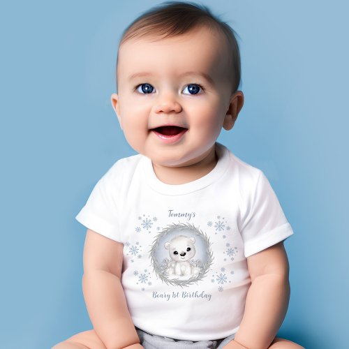 Winter Boy Beary 1st Birthday Cute Blue Polar Bear Baby T_Shirt