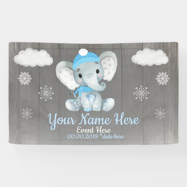 Winter Boy Elephant Backdrop Blue Snowflakes Banner (Horizontal)