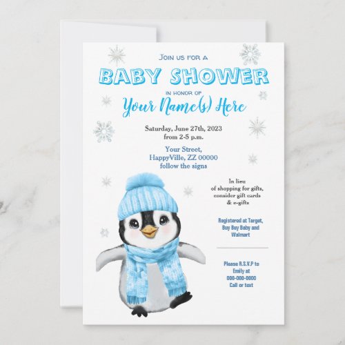 Winter Boy Penguin Baby Shower BlueInvitation Invitation