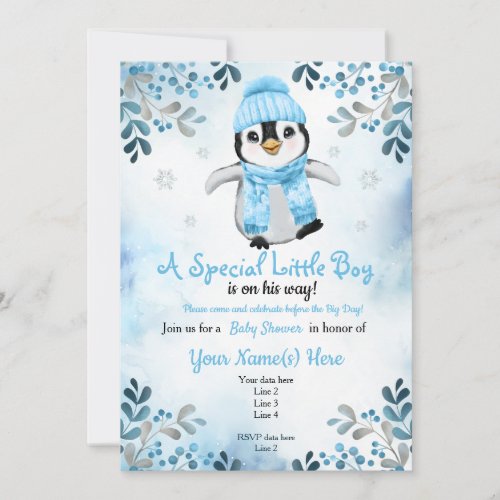 Winter Boy Penguin Shower invitation Blue Snow