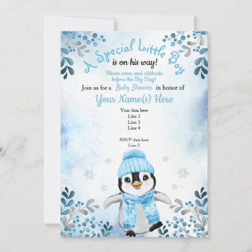 Winter Boy Penguin Shower invitation Blue Snow