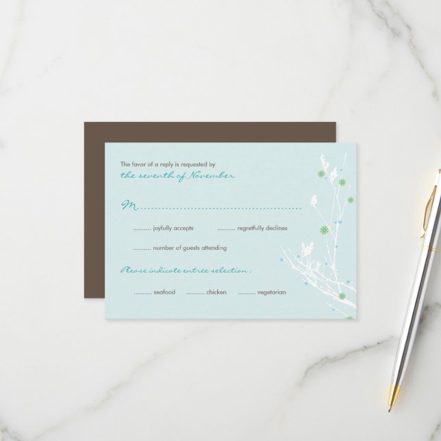 Winter Branch Snow Flower Simple Elegant Wedding RSVP Card (Front/Back In Situ)