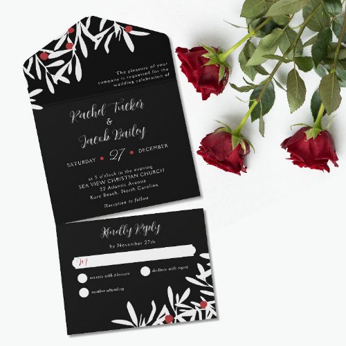 Winter Branches  Berries Christmas Wedding Black All In One Invitation