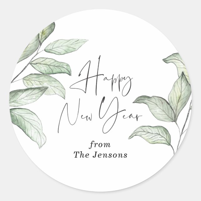 Winter Branches Happy New Year Classic Round Sticker (Front)