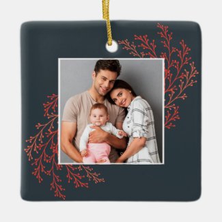 Winter Branches Merry Christmas Family Photo Ceramic Ornament