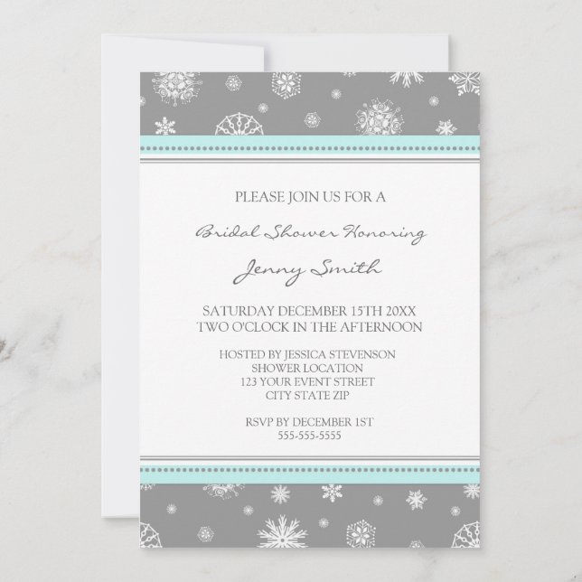 Winter Bridal Shower Aqua Gray Snowflakes Invitation (Back)