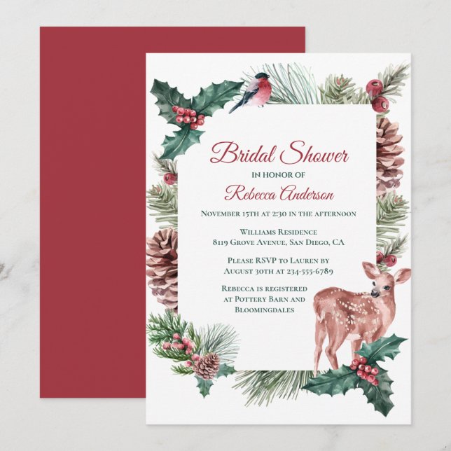 Winter Bridal Shower Christmas Wedding Deer Floral Invitation (Front/Back)